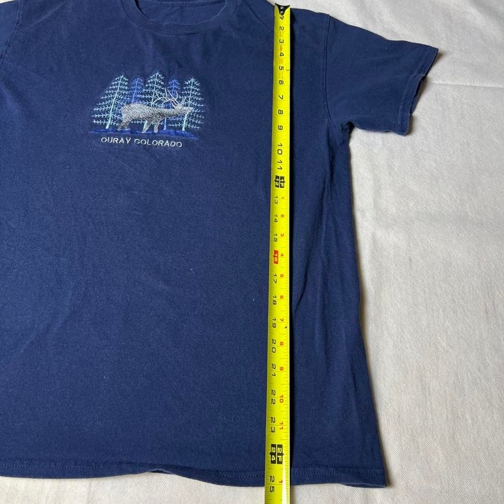 Navy blue Ouray Colorado tee with white deer graphic and trees - Picture 3 of 7